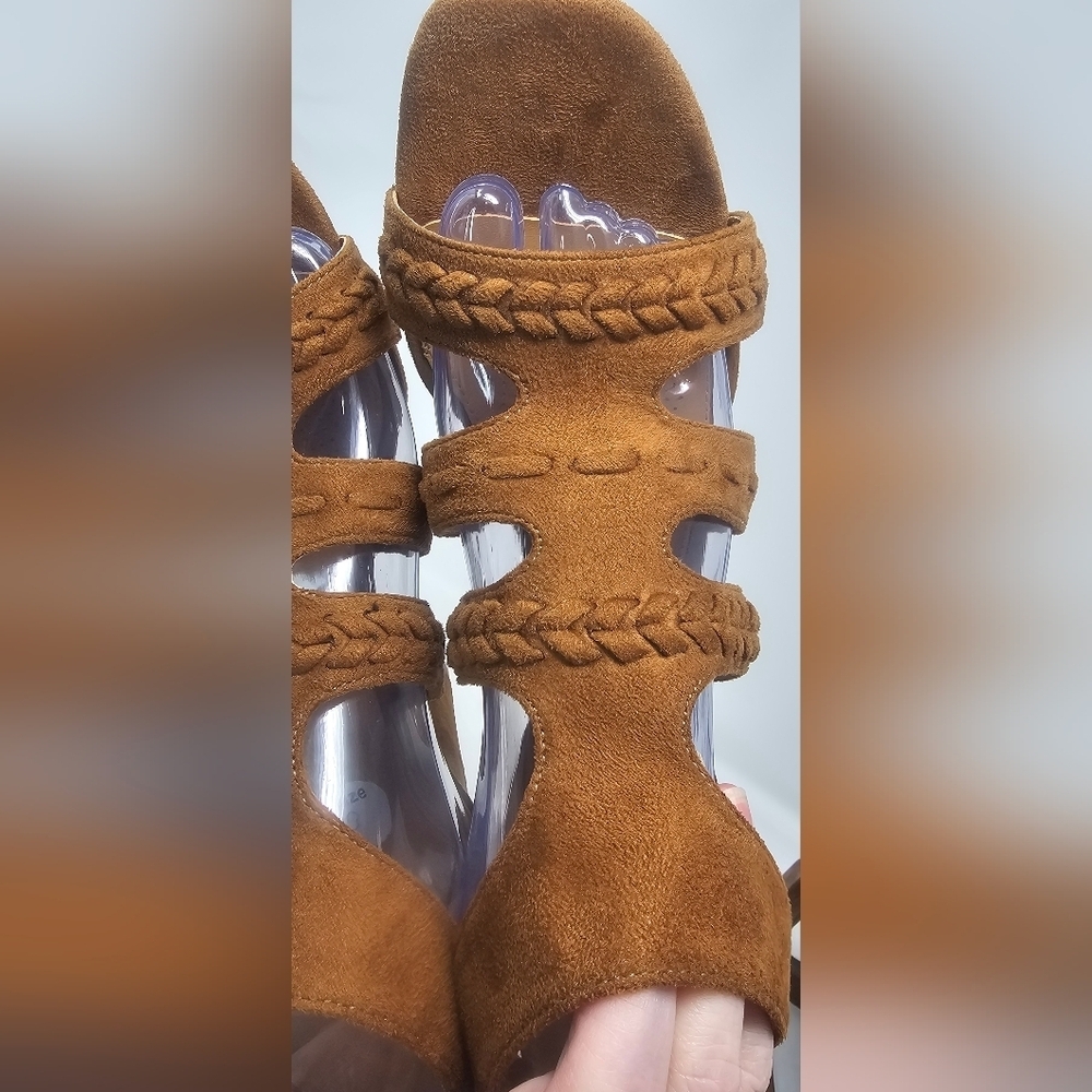 Comfort View WMNS Darlene Brown Faux Suede Chunky Heel Braided Zip Sandal SZ 9WW - Picture 11 of 14